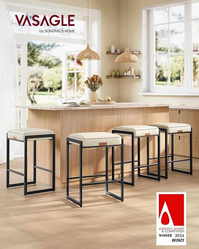 VASAGLE EKHO Collection - Bar Stools Set of 4, Counter Height Bar Stools, Synthetic Leather with Stitching, Mid-Century Modern Counter Stools, 26-Inch Tall, Kichen Home Bar Dining Room, Cream White