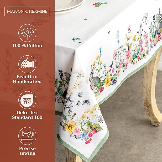 Maison d' Hermine Table Cloth Rectangle Table 100% Cotton 60 x 120 Inches Tablecloth Reusable Decorative for Dining Room Farmhouse Home Valentines Day Decorations Spring Summer - Printemps