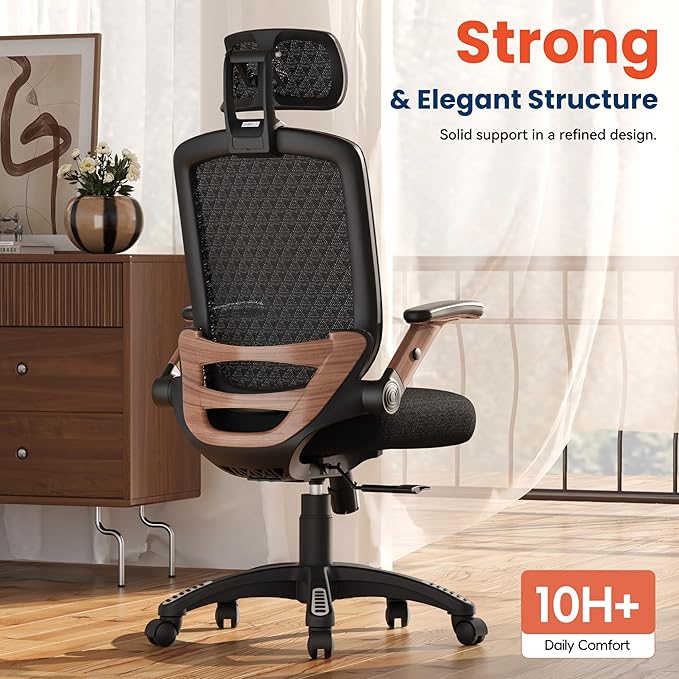 GABRYLLY Ergonomic Office Chair, High Back Home Desk Chair with Flip-Up Arms, 3D Headrest, Thick Sponge Sea &90-120° Recline, Big and Tall Mesh Executive Chairs for Man Woman, Black Woodgrain