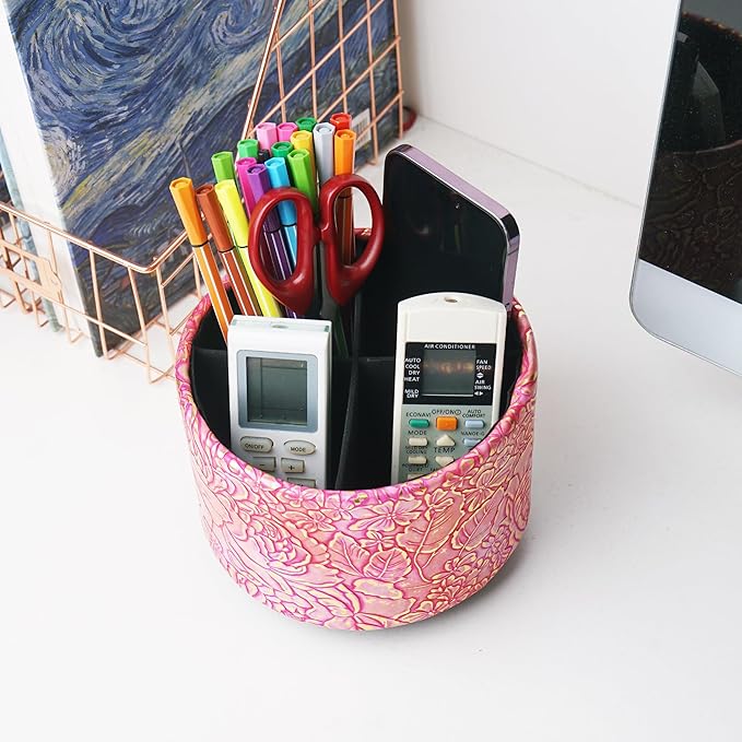 Round Leather Art Supply Organizer,Remote Control Holder,360 Degree Spinning,Multi-Functional Pencil Holder,4 Compartments Desktop Stationary Organizer(1-Rich Flower Pink)