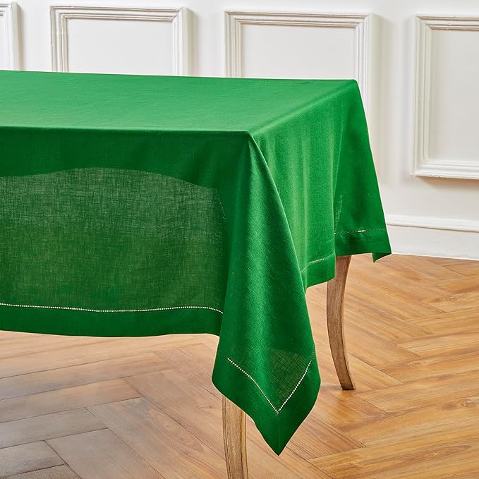 Solino Home Garden Green Linen Tablecloth 60 x 120 Inch - 100% Pure Linen Hemstitch Table Cloth for Rectangle Tables - Classic Hemstitch, Washable Tablecloth for Winter, St Patricks Day, Easter