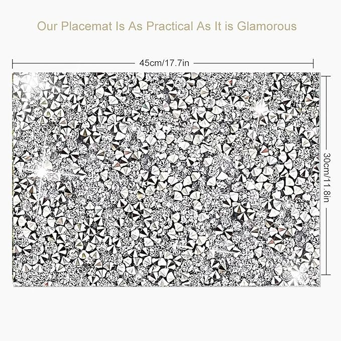 Silver Heat Resistant Square Placemats - Set of 6 with Rhinestone Decor and Sparkly Bling