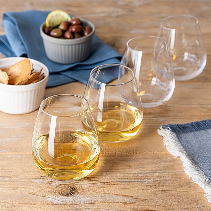 over&back 16oz Traditional Glassware - Set of 4 Classic Stemless Drinking Glasses for Parties, Get-togethers, and More - Mouth-Blown - Wine Cups for Kitchen and Dining Room - Clear
