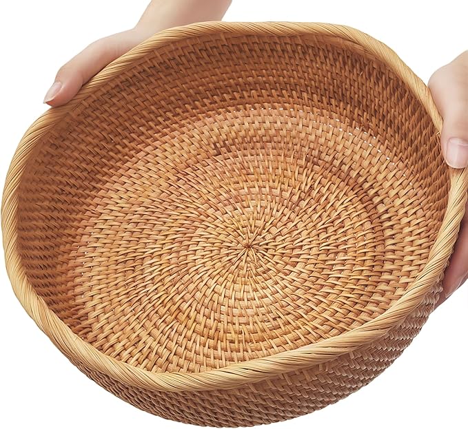 11.2" Large Wave Rattan Bread Basket for Fruit, Natural Wicker Fruit Basket for Kitchen Counter, Hand Woven Food Baskets, Bread Baskets for Serving, Fruit, Vegetable, Candy, Nuts, Keys, Wallets, Etc.