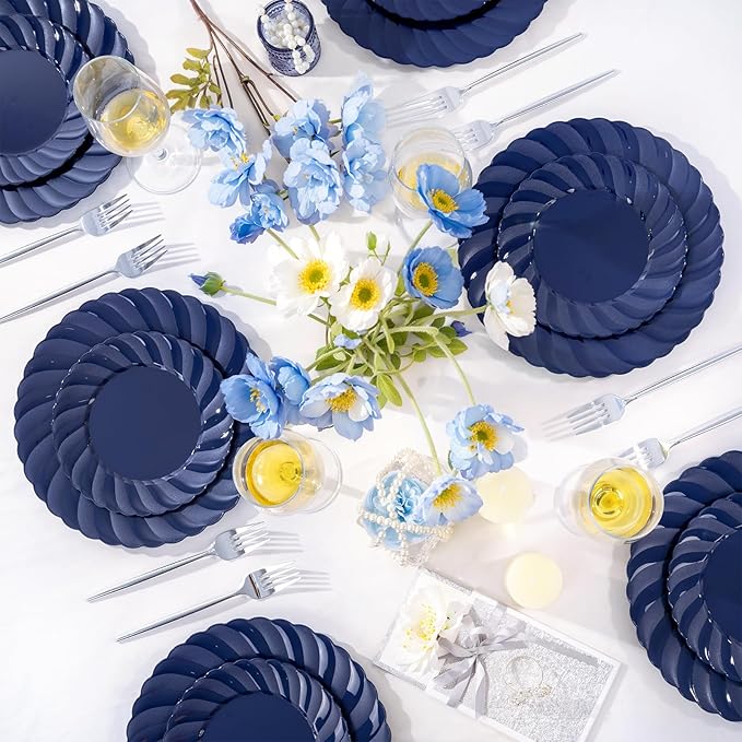 U-QE 60 Pcs Blue Plastic Plates for Party – Scalloped Blue Plates Disposable Heavy Duty – Include 30 10.25" Dinner & 30 7.25" Dessert Plate - Perfect for Parties, Weddings