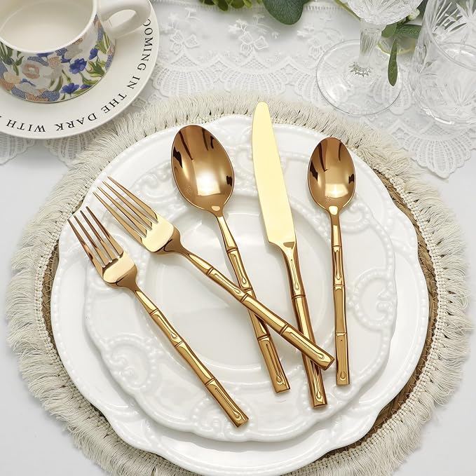 DEACORY Silverware Set Gold Bamboo Pattern Handle Flatware Set, 20-Piece Stainless Steel Cutlery Set Service for 4