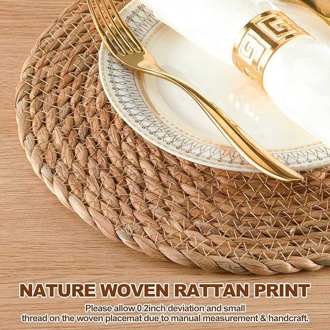 Round Woven Placemats 13 inch Set of 6 - Boho Rattan Placemats Natural Water Hyacinth Placemat, Farmhouse Weave Place Mats, Rustic Braided Wicker Table Mats for Dining Table,Home,Wedding