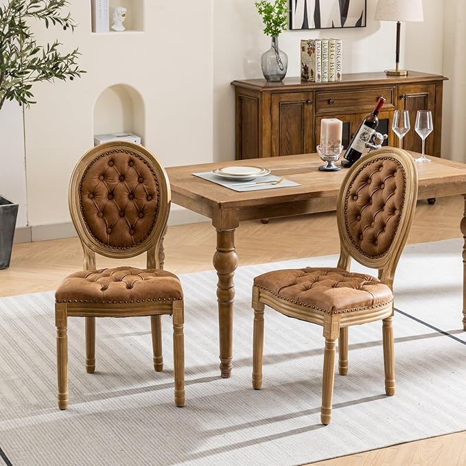 Ball & Cast French Vintage Upholstered Dining Chairs Set of 2, Button Tufted Kitchen Side-Chairs with Carved Antique Wood Frame & Nailhead Trims, PU-Leather Curved Backrest Louis Chair, PU Orange