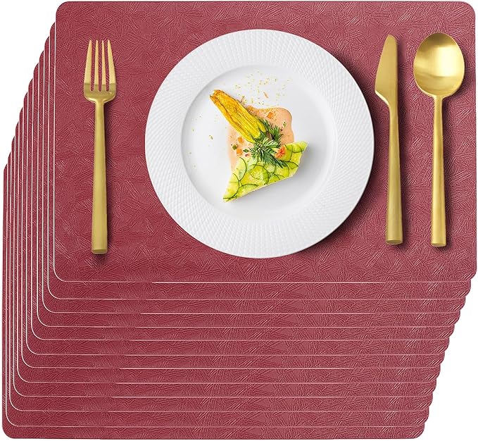 Vinyl Placemats Set of 12 Faux Leather 100% Waterproof Wipeable Washable Place Mats Heat Resistant Easy Clean Non-Slip Table Mats for Indoor Outdoor. (12,Red)