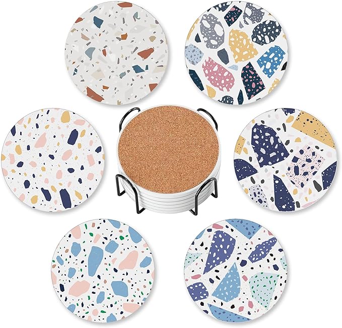6 Pcs Terrazzo Ceramic Coasters with Holder Absorbent Drink Coasters,Modern Sandstone Round Ceramic Stone Coaster with Cork Base,Tabletop Protection Mat for Mugs and Cups,Office,Kitchen