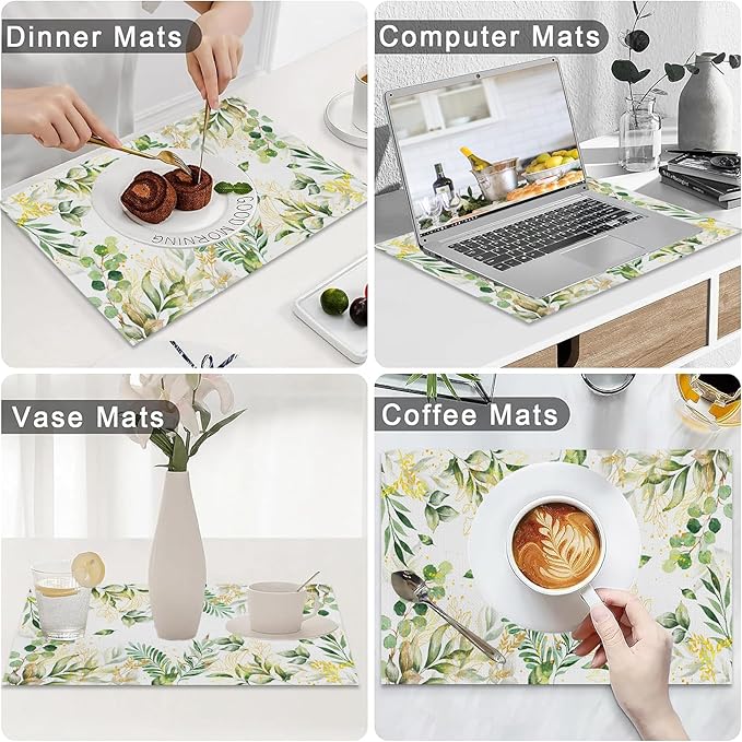 AOFOTO Watercolor Leaves Printed Placemats Set of 4 Spring Sage Green Gold Leaves Place Mats Washable Rectangular Table Mats for Party Home Kitchen Restaurant Dining Table Decor 12x18 Inch