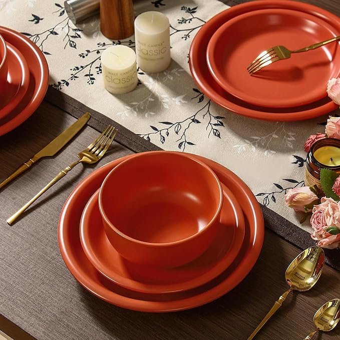 GZG Vintage Series - Ceramic Dinnerware Set for 8, 24 Pieces Stoneware Plates and Bowls Set, Lead-Free, Handcrafted Dishes Set, Microwave & Dishwasher Safe - Terracotta Red