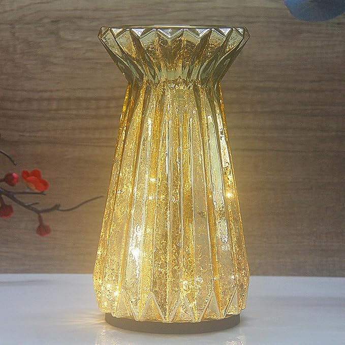 Home Decor, Mercury Glass Pillar Candle Pedestal Holders with 10 Led Lights, Lighted up Candle Holder for Pillar Candle, Candlestick Holders with Timer for Wedding Home Dining Table Xmas (Gold)
