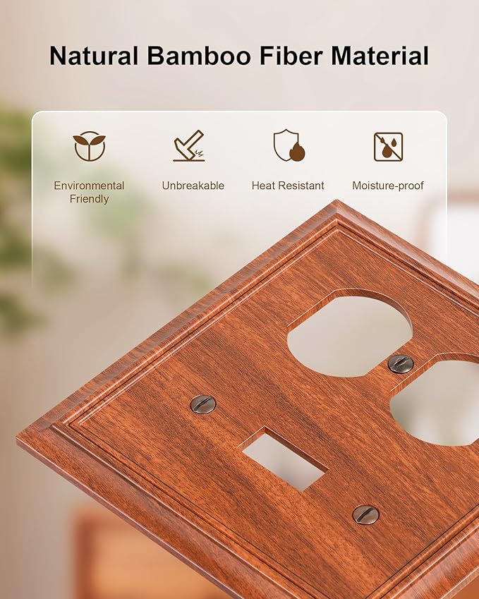 2-Pack Combo Toggle/Duplex Light Switch Cover Plate, Wood Grain Outlet Cover Plate, Natural Bamboo Fiber Decorative Wall Receptacle Cover for Electrical Outlets, Light Switch