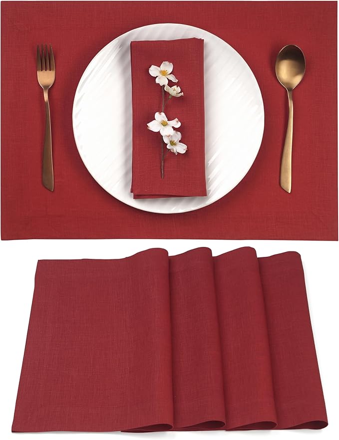 D'Moksha Homes Linen Red Placemats Set of 4-100% Pure Linen Placemats 14 x 19 Inch for Valentines, Spring - Handcrafted and Machine Washable