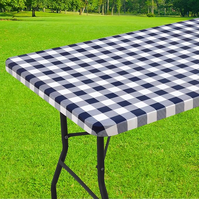 Smiry Rectangle Picnic Table Cloth, Elastic Waterproof Fitted Vinyl Tablecloths, Flannel Backed Buffalo Plaid Table Covers for Dining, Camping, Outdoor (White and Navy, 36" x 48")