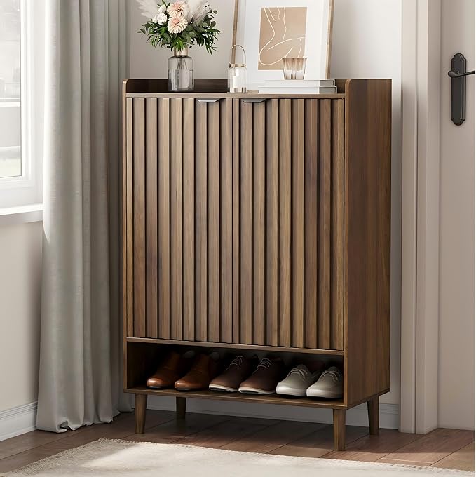 Large 6-Tier Shoe Storage Cabinet with Fluted 2 Doors, 44" Tall Freestanding Entryway Shoe Cabinet with Adjustable Shelves,(Walnut