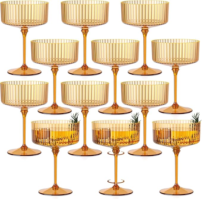 12 PCS Ribbed Coupe Glasses Amber Plastic Champagne Coupe Cup 10oz Detachable Gold Rim Espresso Martini Glass Vintage Margarita Glassware Cocktail Glass Disposable for Thanksgiving Wedding
