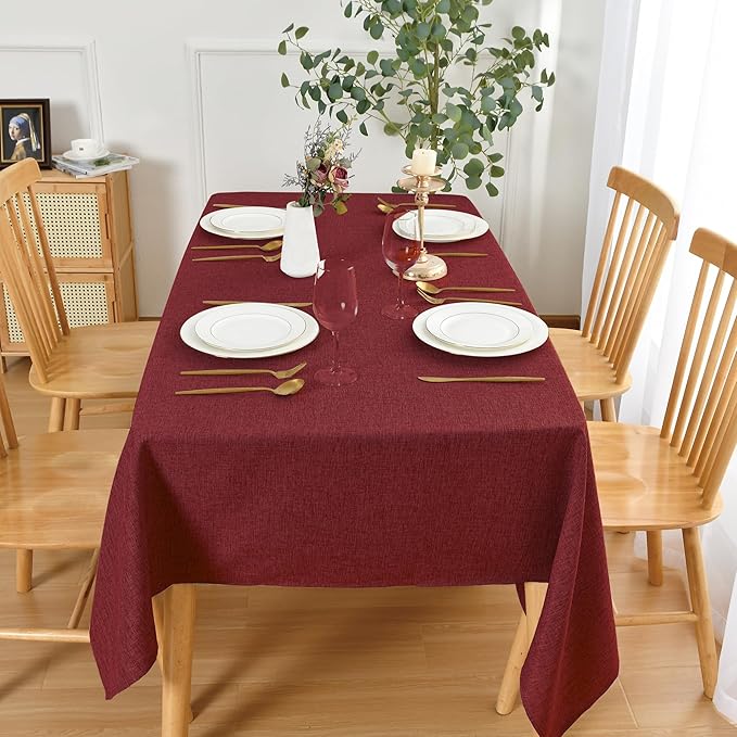 JIUZHEN Red Faux Linen Farmhouse Tablecloth Rectangular, Wrinkle Stain Resistant Table Cloth Rectangle Tablecloth Table Cover for Kitchen Dining, 54 x 108 Inch