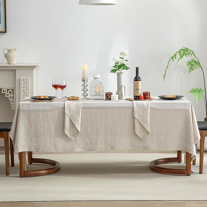 EVERLY Pure Linen Hemstitch Tablecloth,100% Stonewashed French Linen tablecloths for Kitchen Dining Rectangle Tables,60x108Inch Machine Washable Christmas Thanksgiving Organic Tablecloth-Natural Linen