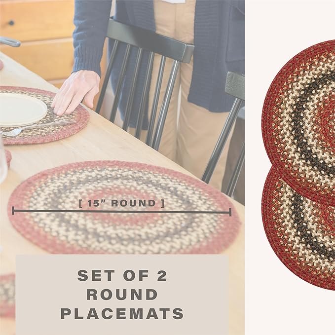 Homespice Chester Round Braided Placemats, Warm Lodge and Cabin Decor, Set of 2, 15" Red Jute Table Mats - Vibrant Colors, Durable, Easy to Clean and Protects Furniture
