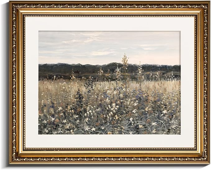 InSimSea Gold Picture Framed Wall Art, Living Room Bathroom Vintage Meadow with Flowers Pictures Wall Decor, Canvas Print Art, Home Farmhouse Decor, Antique Paintings with Frames 13x16inch