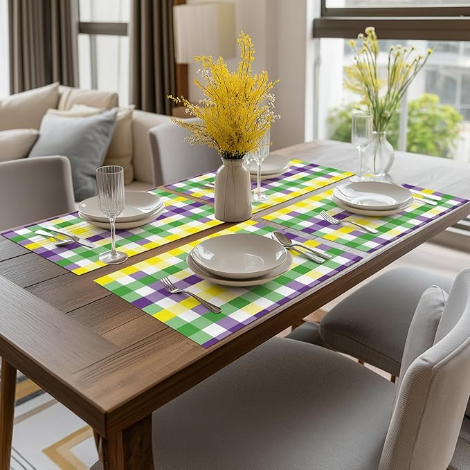 Artoid Mode Buffalo Plaid Vinyl Placemats Set of 4, 12x18 Inch Washable Non-Slip Heat Resistant Plastic Place Mats for Party Dining Table, Purple/Yellow