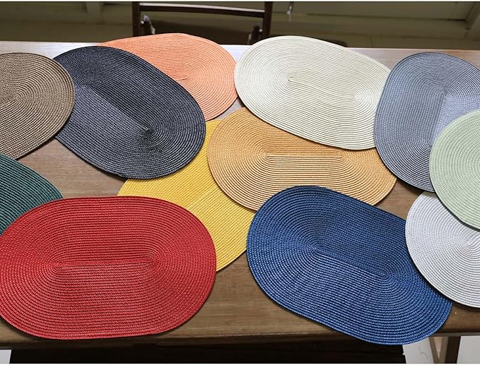 FunWheat Oval Braided Placemats Set of 6 Table Mats for Dining Tables Washable Heat Resistant Place Mats for Indoor Outdoor Use 12 x18 Inch(Oval Light Brown, 6pcs)