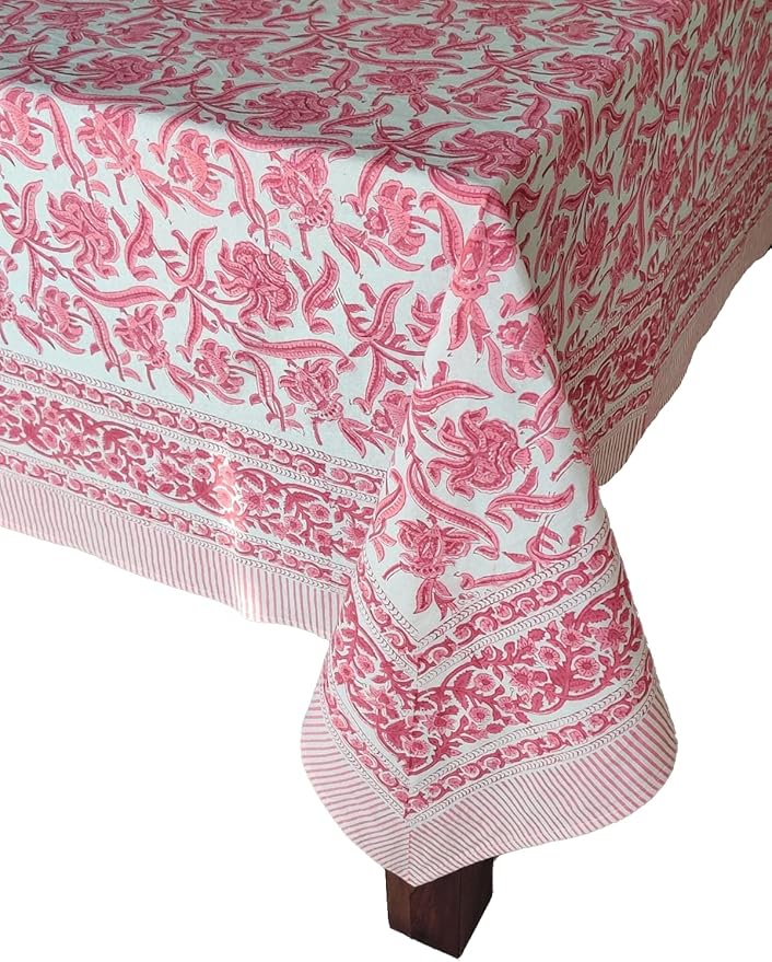 ATOSII Red Bloom 100% Cotton Rectangle Tablecloth, Block Print Floral Linen Table Cloth for Dining Parties Outdoors Weddings Holidays I 72 X 120 Inches, 10 Seater, Summer Farmhouse Grandmillennial