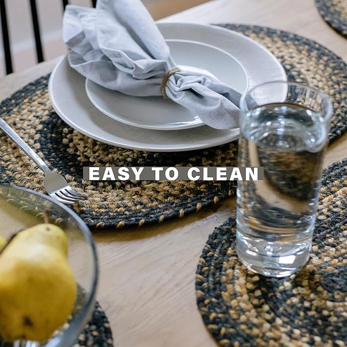 Homespice Kilimanjaro Jute Woven Round Placemats Set of 6, 15", Warm Primitive Decor, Black and Tan Table Mats - Vibrant Colors, Durable, Easy to Clean and Protects Furniture