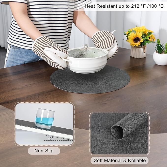 Myir JUN Round Placemats, Dual Sided Faux Leather Place Mats Set of 6 Indoor/Outdoor Non-Slip Washable Table Mats (Gray, Set of 6)