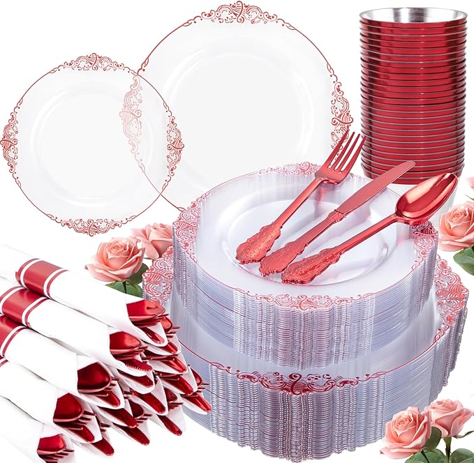 Hioasis 350pcs Clear and Red Plates - Red Party Plates for 50 Guest, Include 100 Heavy-duty Plates(20% Thicker Than Standard), 50 Pre Rolled Gold Plastic Silverware Set, 50 Cups