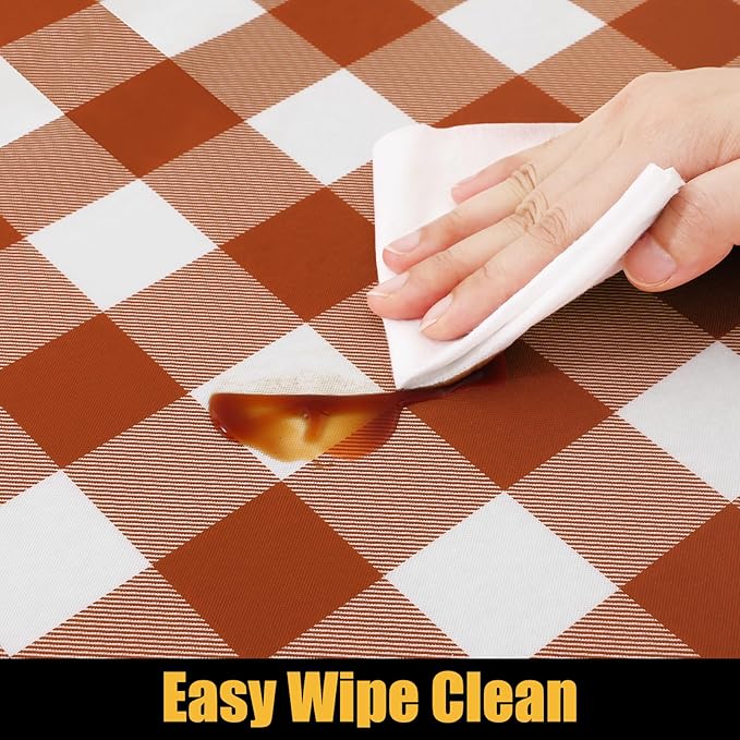 Smiry Rectangle Picnic Table Cloth, Elastic Waterproof Fitted Vinyl Tablecloths, Flannel Backed Buffalo Plaid Table Covers for Dining, Camping, Outdoor, Thanksgiving (White and Rust, 30" x 72")