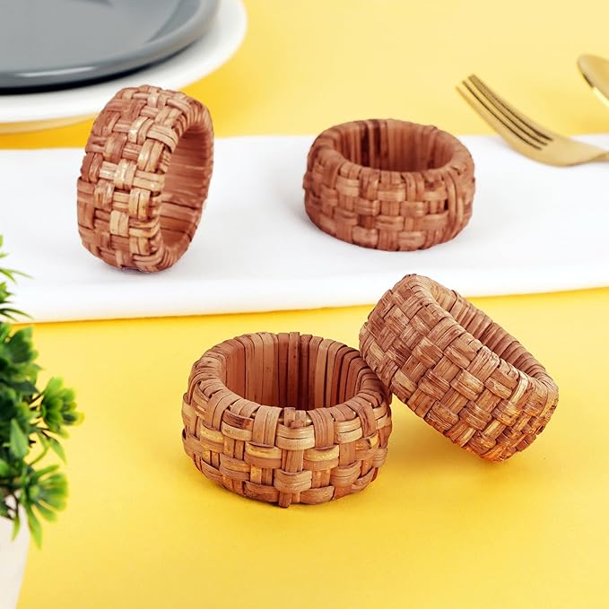 Handwoven Napkin Ring Set of 12 - Cane Napkin Rings, Elegant Fall Napkin Rings for Table Decoration, Special Occasions, Easter Table Decor & Gift Giving Ideas (Brown) - CLEENTABLE