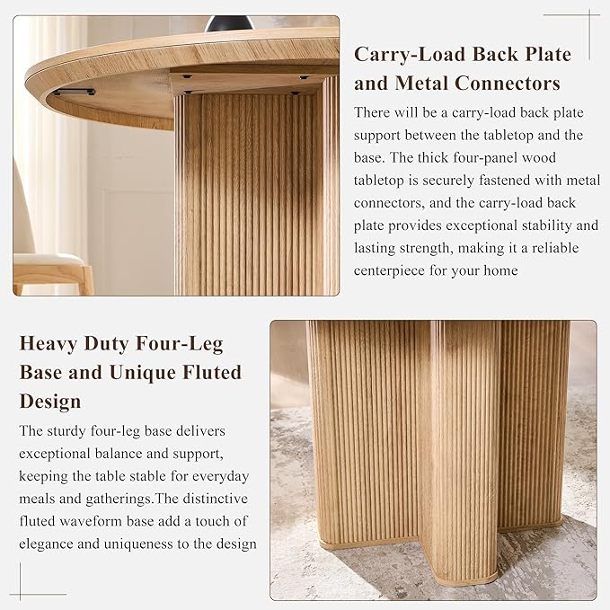 T4TREAM 47" Fluted Round Dining Table for 4-6, Mid-Century Modern Kitchen Table with Thickened Edge & Sturdy Pedestal Base for Kitchen Living Room,Natural Oak(Table Only)