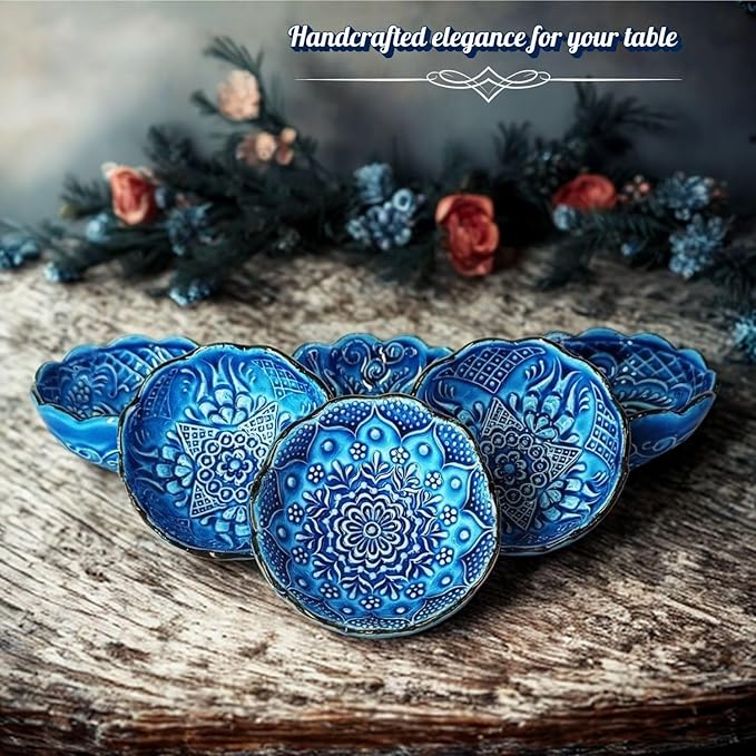 Handmade Decorative Turkish Ceramic Mini Pinch Bowls Set of 6 – Small Dipping & Serving Sauce Bowls, Blue Charcuterie Accessories, Hand-Painted Floral Pattern Snack Dishes for Kitchen & Table Decor