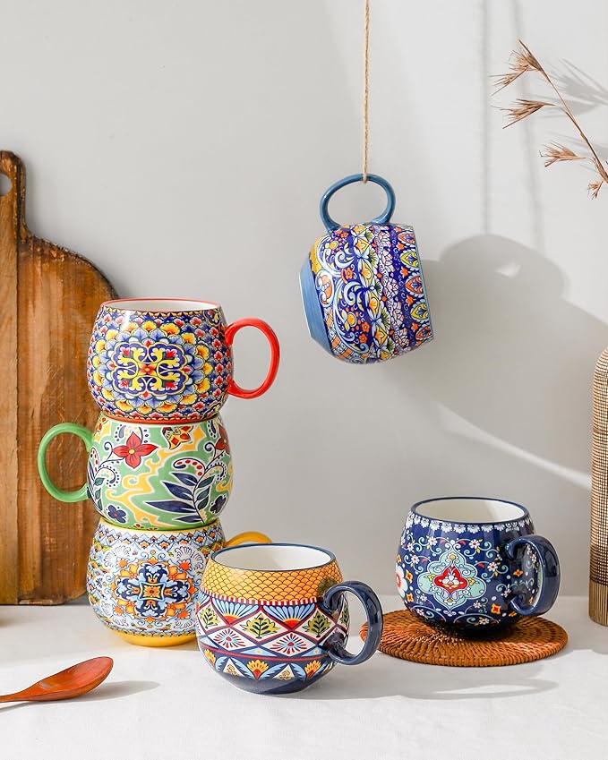 HENXFEN LEAD Boho Ceramic Coffee Mugs Set of 6 – 20 oz Large Porcelain Cups for Latte, Cappuccino, Tea, Cocoa & Soup – Microwave & Dishwasher Safe