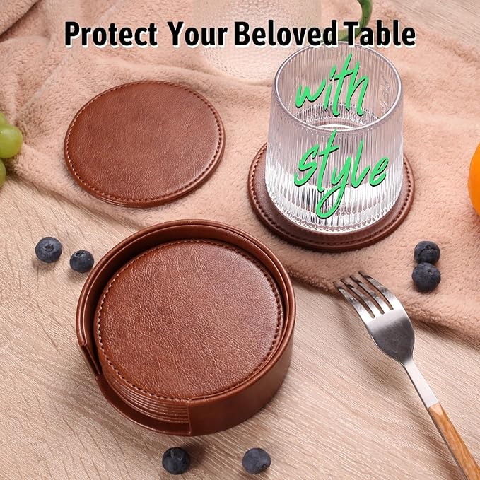 Drink Coasters with Holder, 4" Leather Coasters for Drinks Set of 6 for Tabletop Protection, Elegant Home Decor & Handmade Housewarming Gift - Brown