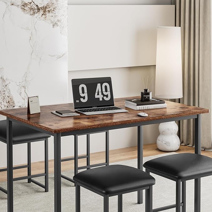 VECELO Kitchen Table and Chairs for 4, Dining Room Set with PU Chairs/Stools, Heavy-Duty Metal Frame, Wooden Tabletop, Space-Saving Design for Small Spaces, Easy Assembly, Walnut Brown