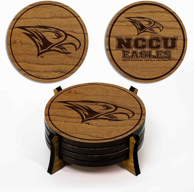 LazerEdge NC Central Eagles Wooden Coaster Set - Cherry Wood - Officially Licensed Product - 4-Pack