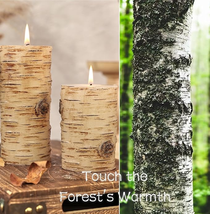 Black Birch Bark Texture Pillar Candles Set - Real Wax 3 Sizes (4", 5", 6" Tall) Rustic Decor Fireplace Candles, Unscented Woodland Style Pillar Candle for Home, Dining Table, Holiday Decor
