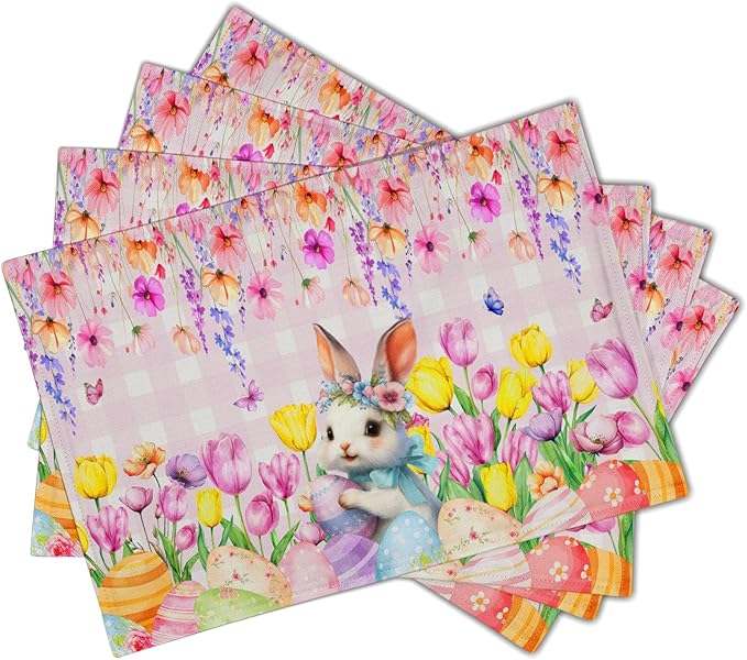 Spring Rabbit Bunny Placemats - Floral Easter Place Mat Set of 4 Buffalo Plaid Tablemats 12x18 for Party Kitchen Dining Pink