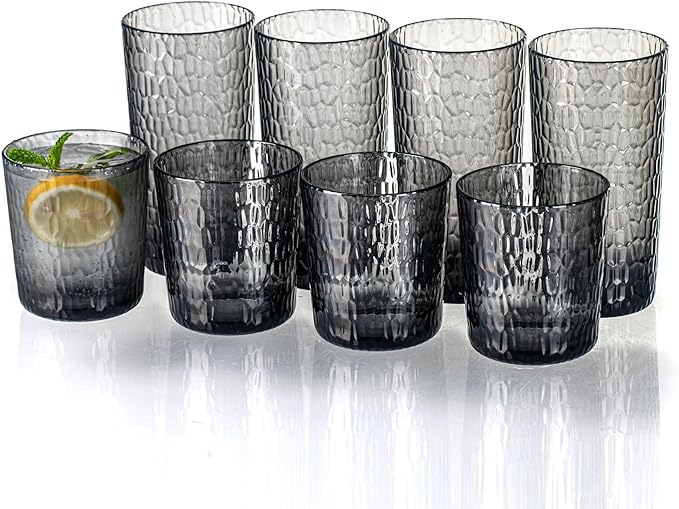 15oz and 22oz Grey Acrylic Glasses Drinkware (Set of 8), Honeycomb Stackable Shatter-Proof Plastic Tumblers, Reusable Plastic Drinking Glasses, BPA-Free, Dishwasher-Safe
