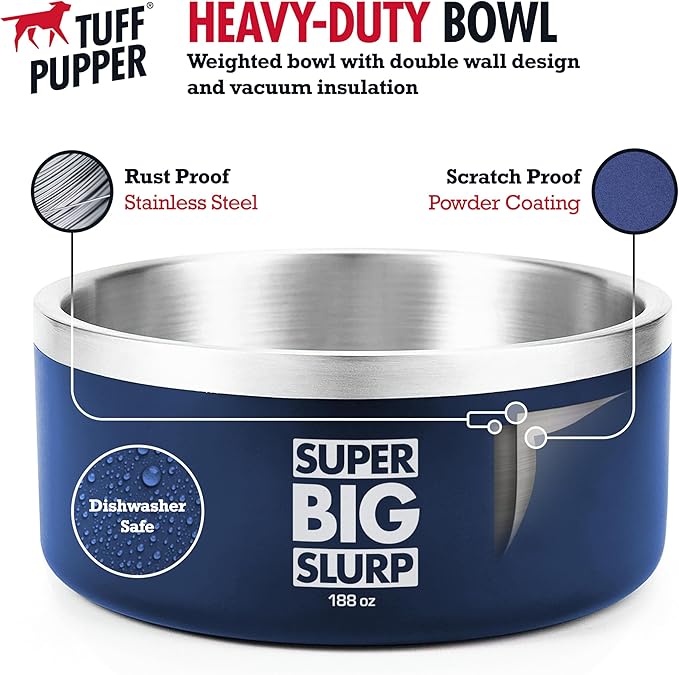 Tuff Pupper Heavy Duty Insulated Dog Bowl | Double Wall Stainless Steel Dog Food Dish | Non-Slip Spill Proof Dishwasher Safe Cat Bowl | Water Dish for Feeding Large Medium Small Pets (188oz, Blue)