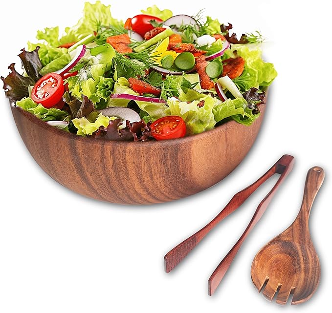 Salad Bowls, Wooden Salad Bowls Set, Large Acacia Wood Serving Bowl for Soup， Fruits，Popcorn，Big Salad Bowl with Serving Utensils（Includes a Spoon And a Pair Of Tongs.）