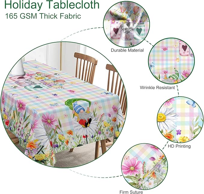 Spring Tablecloth Round, 70 Inch Gnome Flowers Buffalo Check Plaid Kitchen Table Cover for Dining Room Indoor Decor