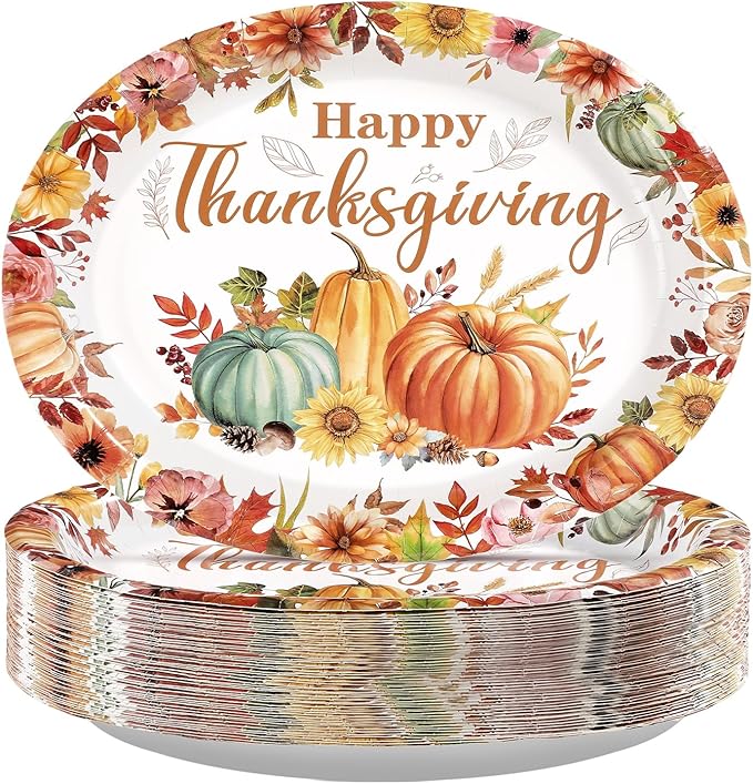 Grencian 50Pcs Thanksgiving Oval Paper Plates 12" X 10" Large Heavy Duty Disposable Fall Pumpkin Flowers Plates Autumn Give Thanks Platter for Fall Harvest Holiday Thanksgiving Party Decorations