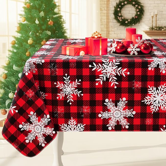 Smiry Christmas Rectangle Table Cloth, Waterproof Vinyl Tablecloth with Flannel Backing, Wipeable Bufflo Checked Snowflake Plastic Tablecloths for Christmas Table Decorations, (60"x102", Black & Red)