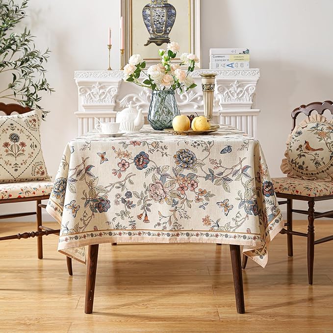 ISAENNE Designer French Light Beige Extra Long Rectangle Tablecloth,Linen Florals and Birds Pattern Table Cloth,Durable Decorative Tablecloths for Dining Thanksgiving Kitchen,67"*118"-Cornucopia