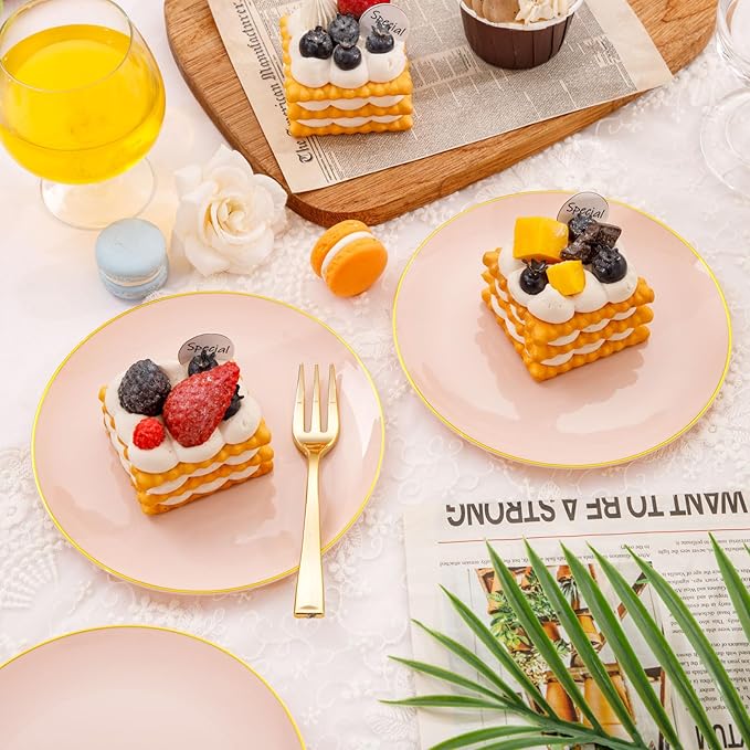 Festiva 400Pcs Pink Gold Dessert Plates 6.3" with Forks 5"- 200PCS Small Disposable Dessert/Cake/Appetizer Plates and 200PCS Forks - Serve 200 Guests for Birthday Party& Wedding &Valentine's Day